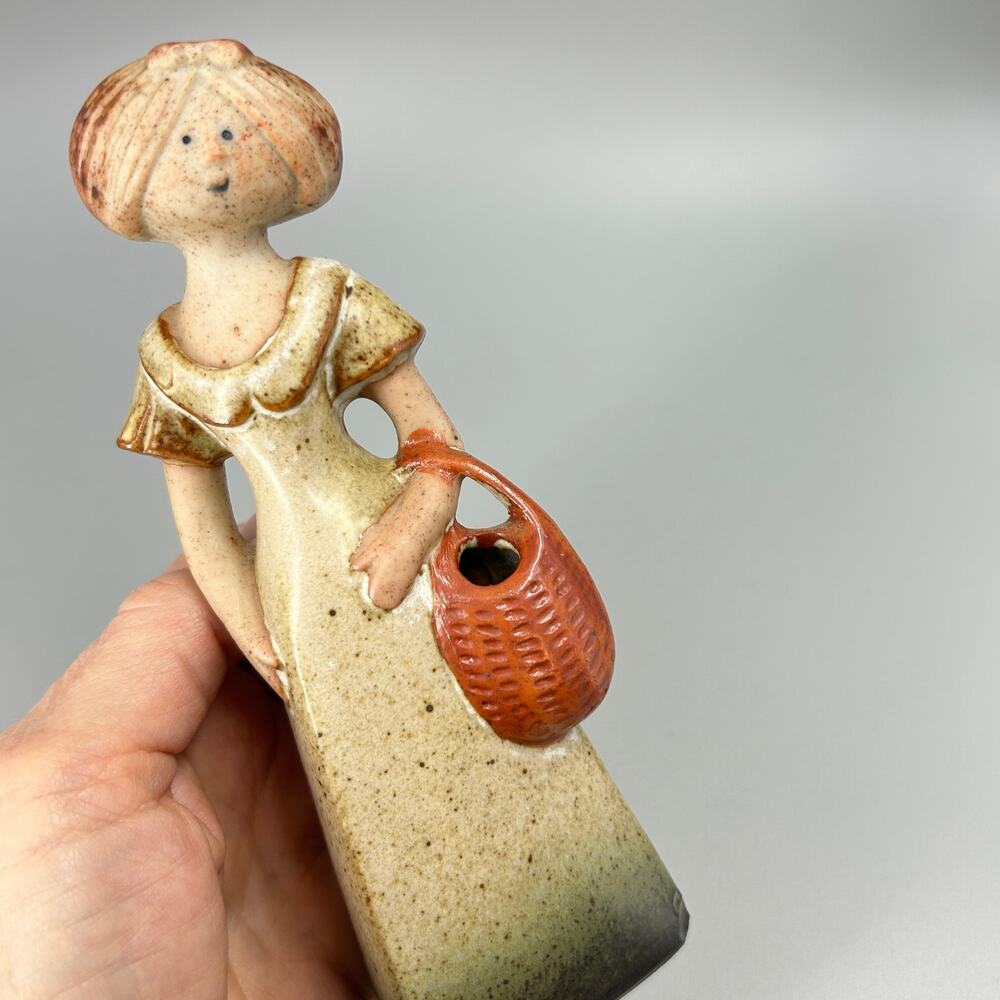 Vtg 70’s Speckled Stoneware Woman Carrying Basket Flower Vase Figurine Japan Mad - Picture 9 of 9